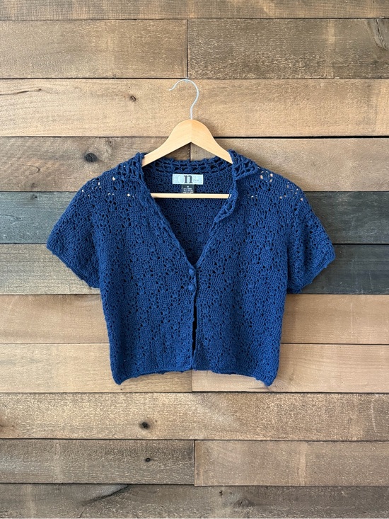 Vintage Tops - Y2K Navy Crochet Knit Cardigan Top Ramie Cotton Cottagecore Boho
